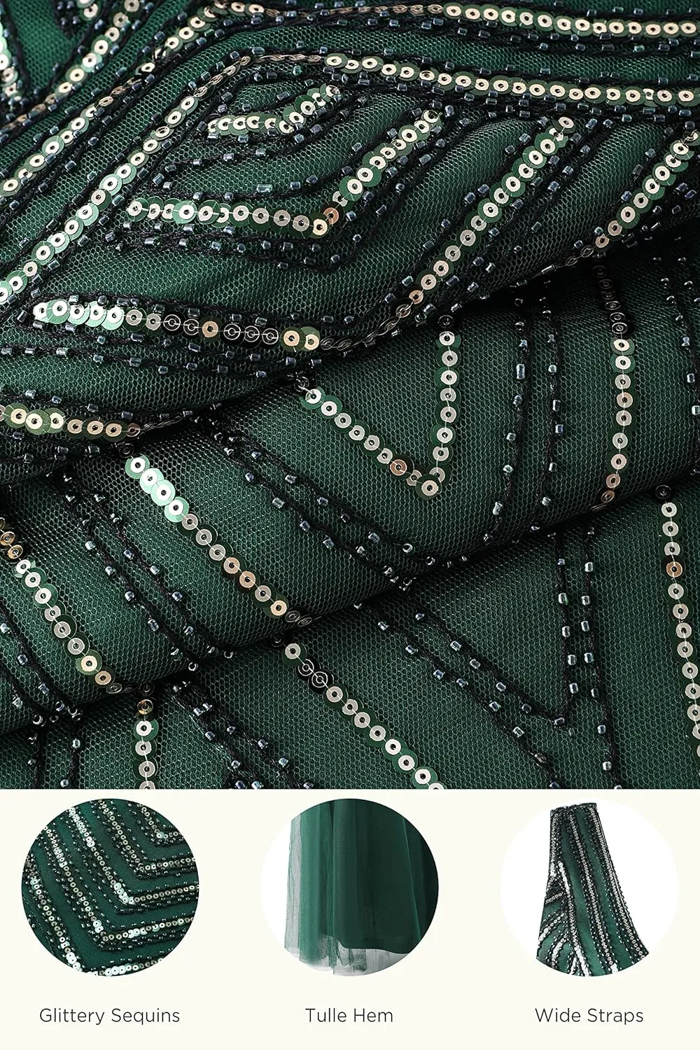 BABEYOND Women's Flapper Dress 1920s V-Neck Evening Gown Sequin Beaded Maxi Dress for Wedding Green Gold