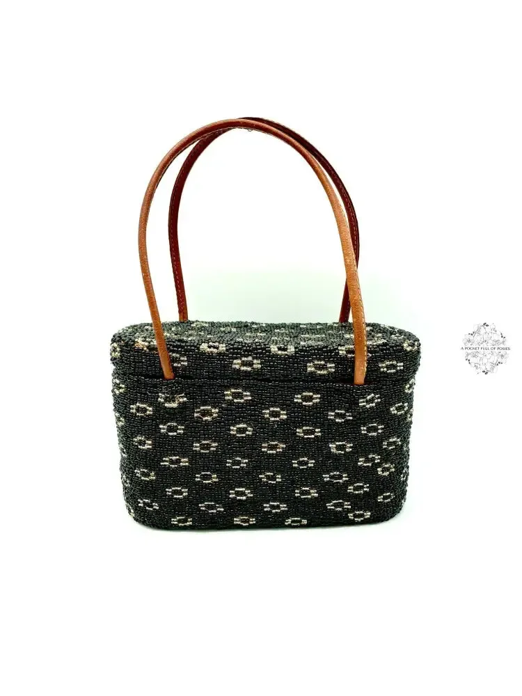 Bali Beaded Handbag | Handmade Black & Silver Floral Patterned Glass Beading on Ata Straw Purse, Leather Straps