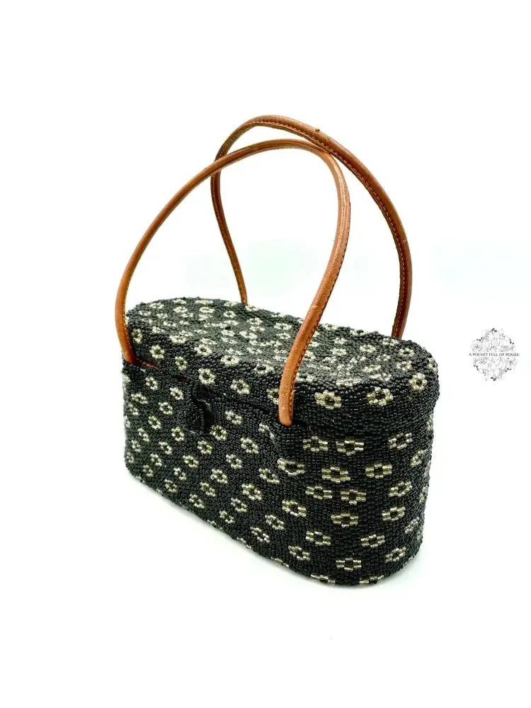 Bali Beaded Handbag | Handmade Black & Silver Floral Patterned Glass Beading on Ata Straw Purse, Leather Straps