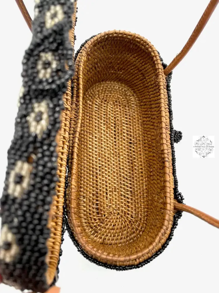 Bali Beaded Handbag | Handmade Black & Silver Floral Patterned Glass Beading on Ata Straw Purse, Leather Straps
