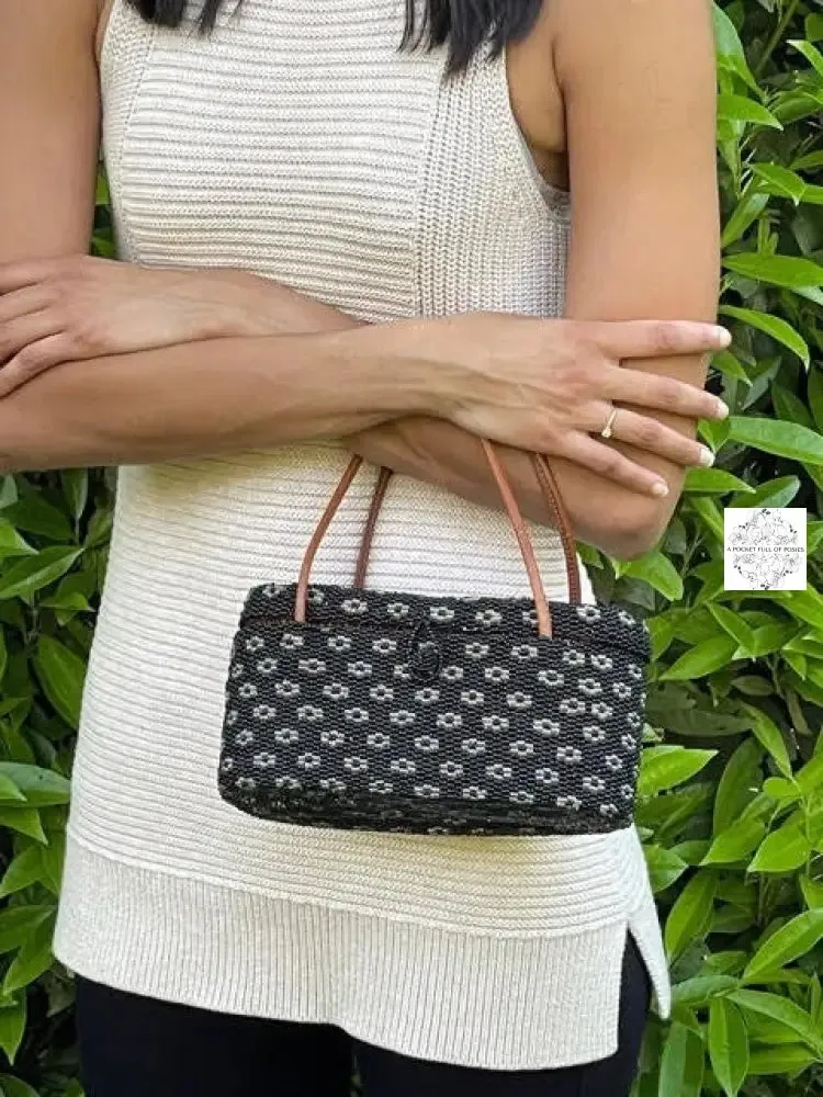 Bali Beaded Handbag | Handmade Black & Silver Floral Patterned Glass Beading on Ata Straw Purse, Leather Straps