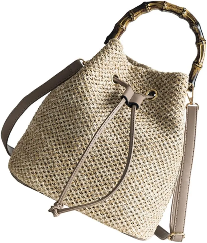Bamboo Bucket Bag for Women Straw Drawstring Shoulder Handbag Crossbody Purse Woven Straw Bag