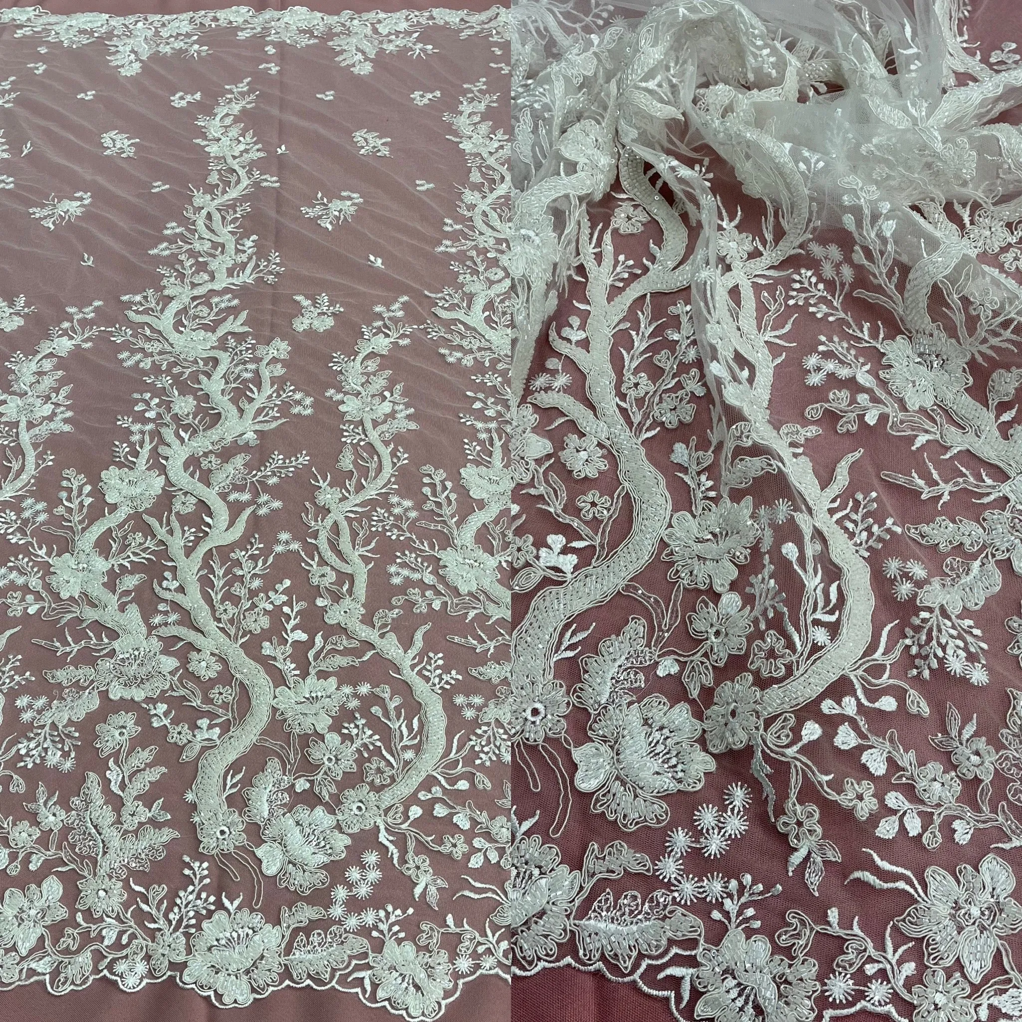 Beaded & Corded Bridal Lace Fabric Embroidered on 100% Polyester Net Mesh | Lace USA - GD-12267