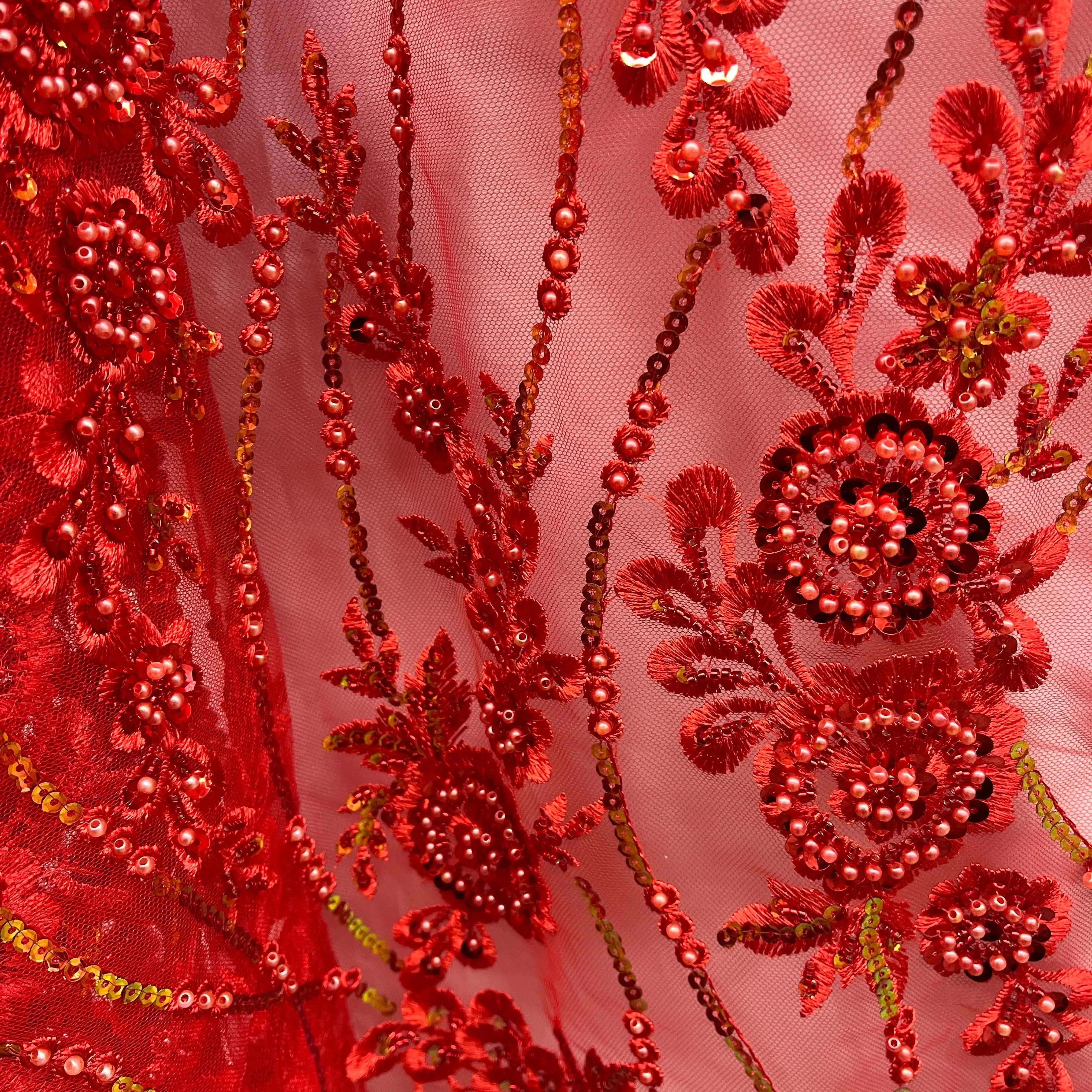 Beaded and Sequined Floral Sparkling Lace Fabric Embroidered on 100% Polyester Net Mesh| Lace USA - GD-2219