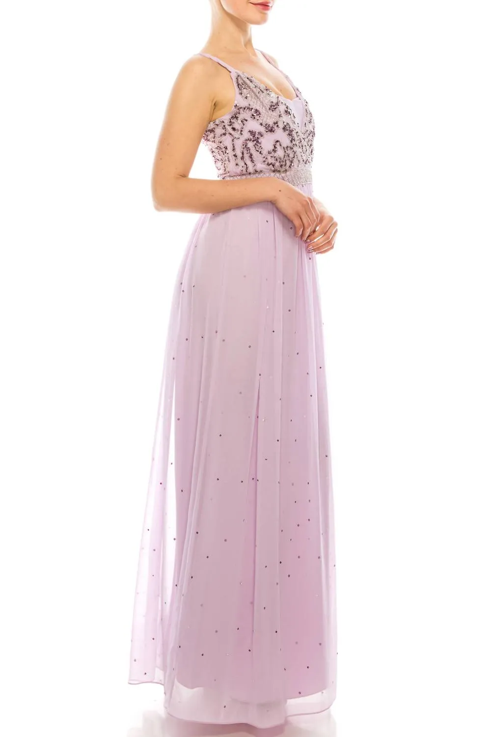 Beaded Bodice Sequined A-Line Dress In Lilac