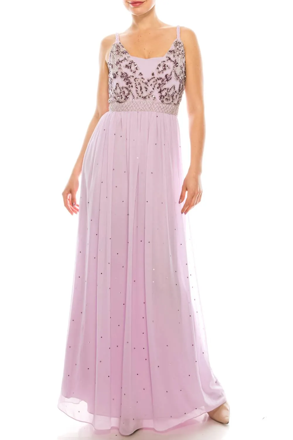 Beaded Bodice Sequined A-Line Dress In Lilac