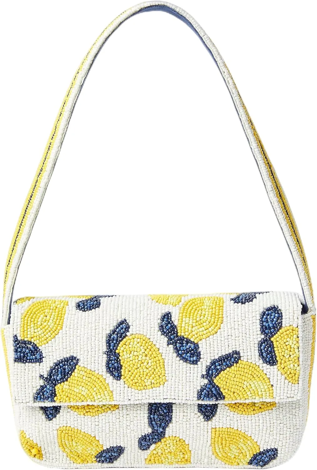 Beaded Shoulder Bag, White with Yellow Lemon Pattern, Navy Blue Interior