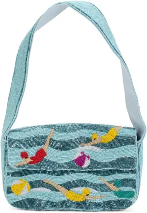 Beaded Swimming Pool Shoulder Bag, Aqua Blue Wave Design with Decorative Swimmers, Blue Lined Interior