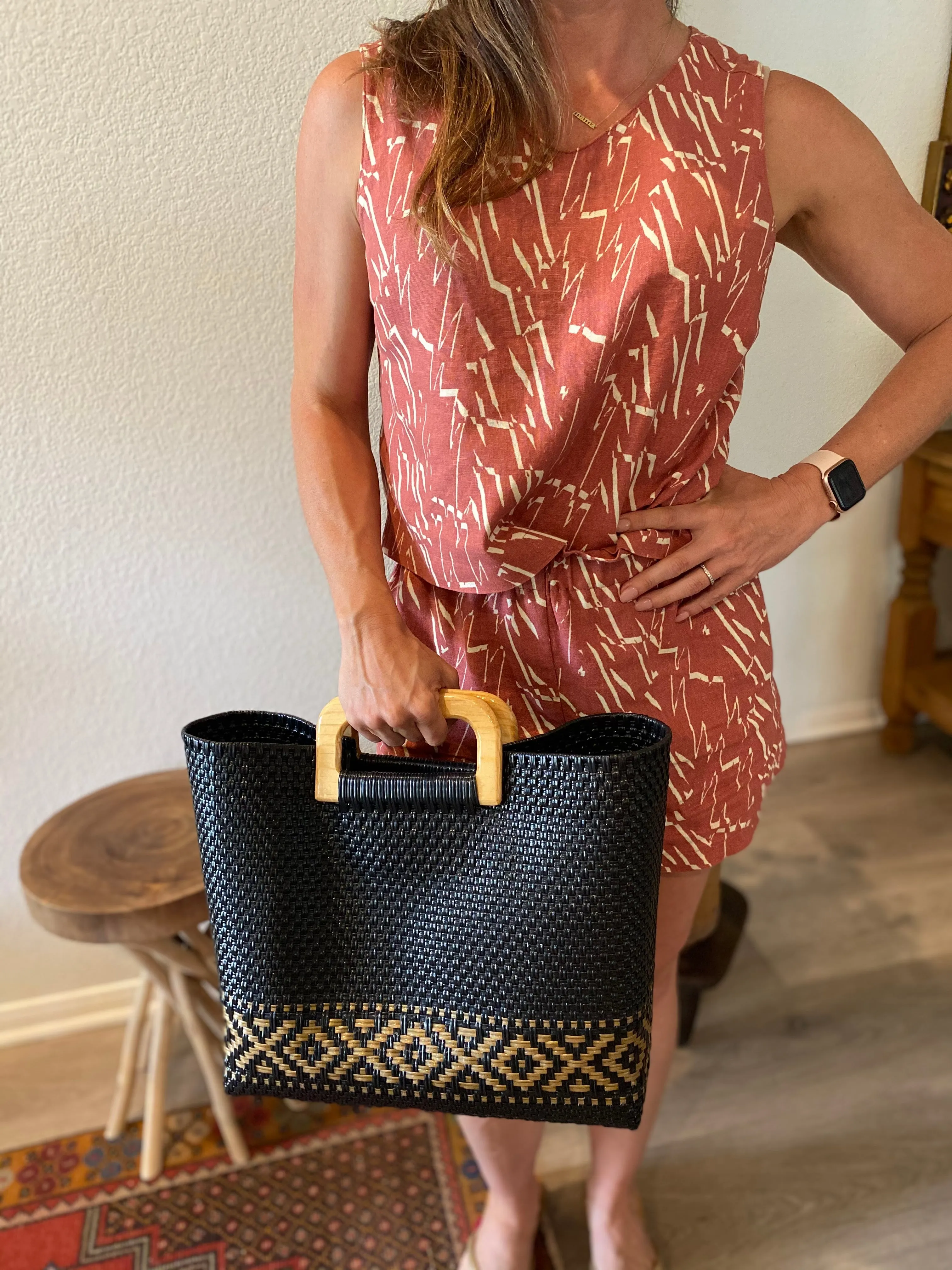 Black and Gold Wood-Handled Woven Tote