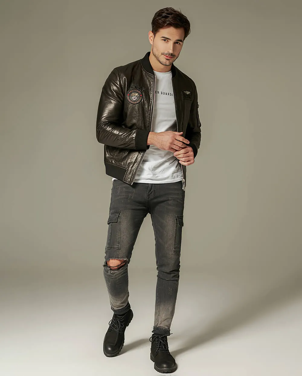 Black Classic Embroidered Goatskin Varsity Bomber Jacket