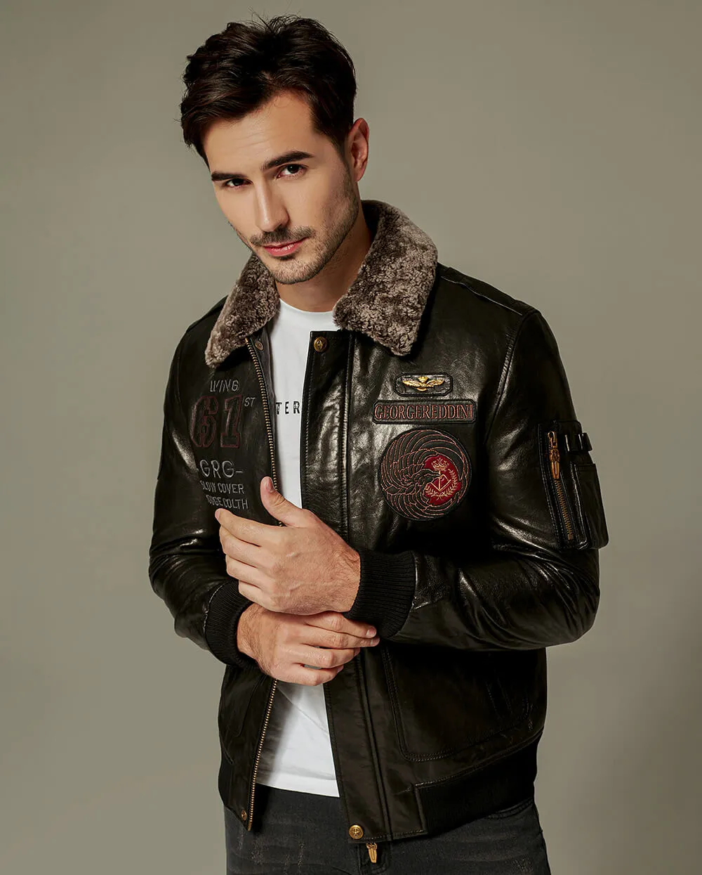 Black Classic Embroidered Goatskin Varsity Bomber Jacket