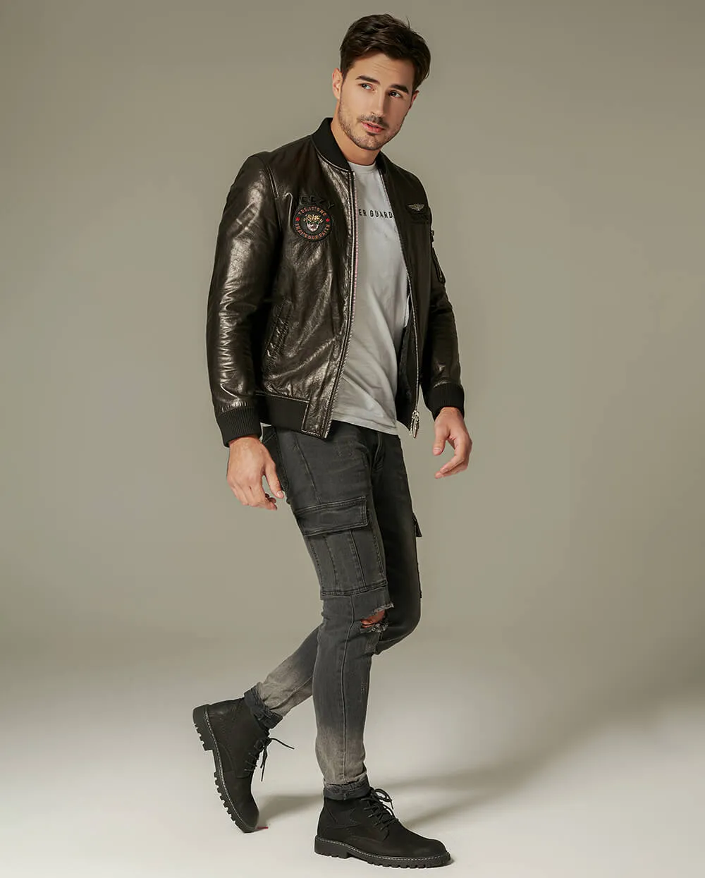 Black Classic Embroidered Goatskin Varsity Bomber Jacket