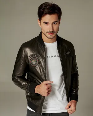 Black Classic Embroidered Goatskin Varsity Bomber Jacket