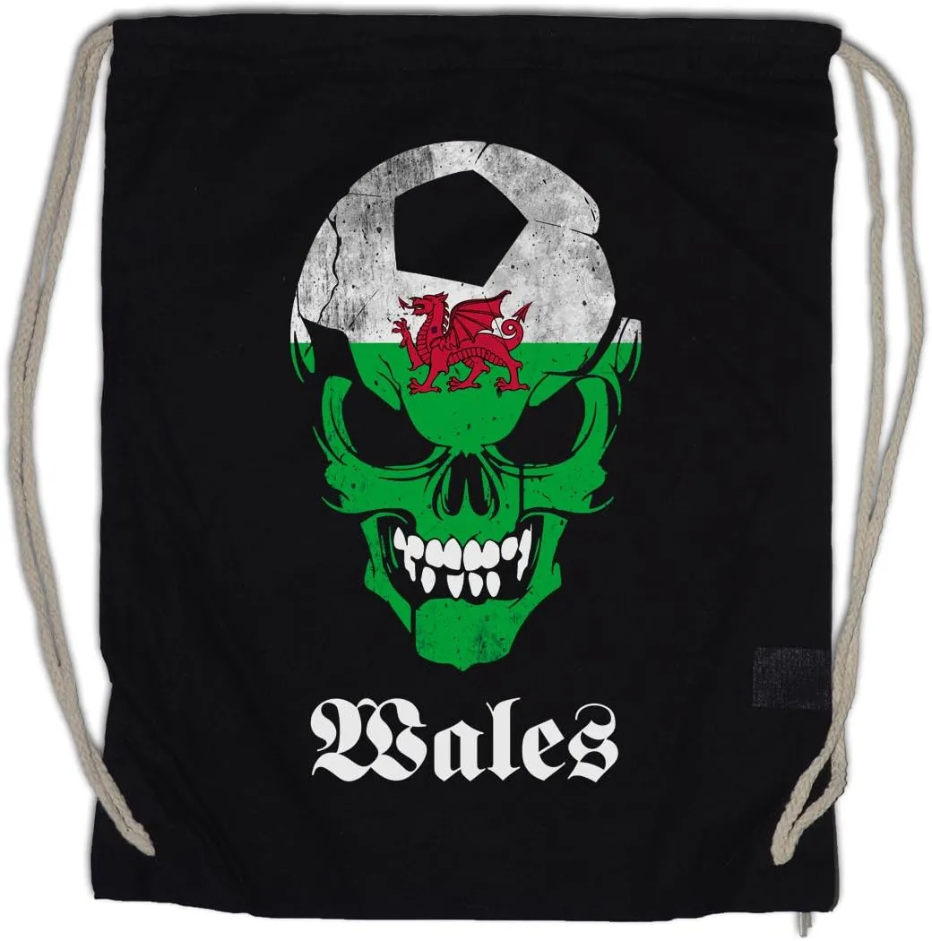 Black Classic Wales Football Soccer Skull Flag Drawstring Bag Gym Sack