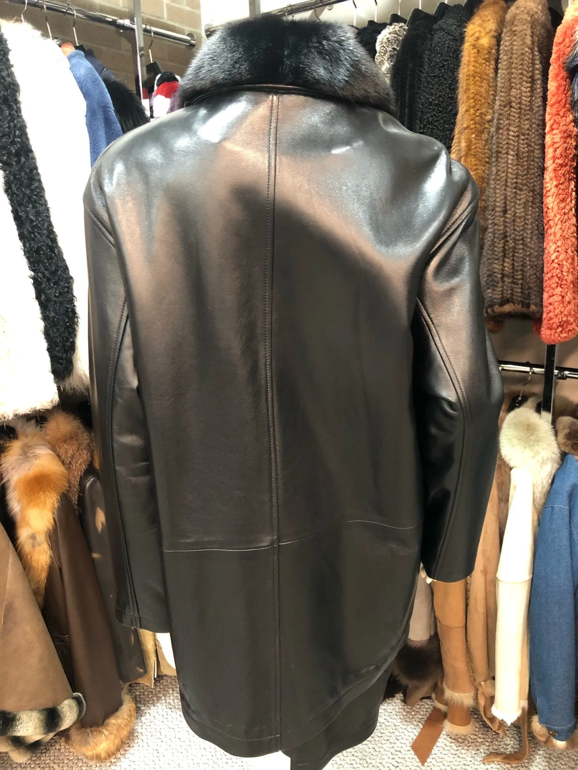 Black Embroidered Leather Stroller with Detachable Mink Collar