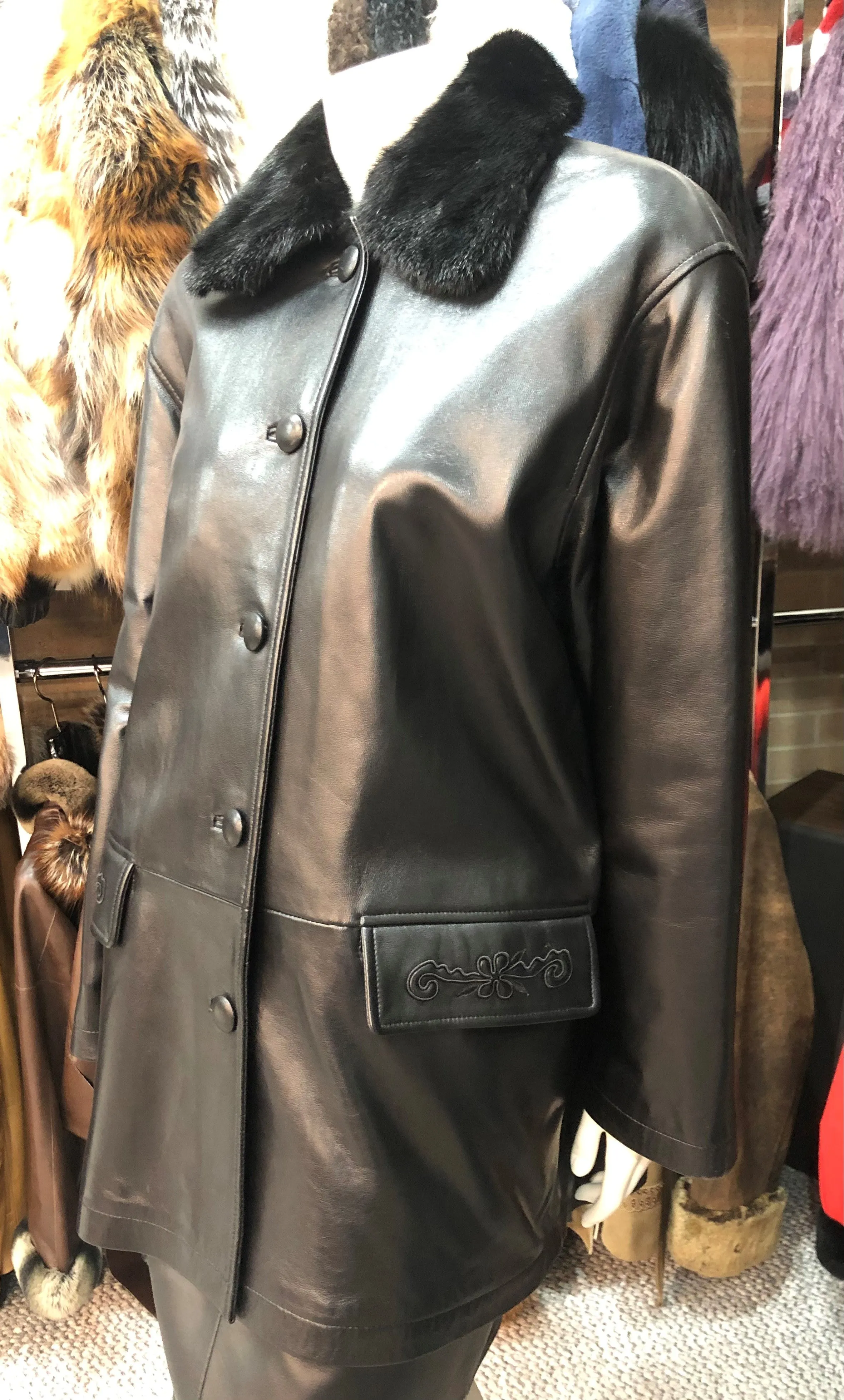 Black Embroidered Leather Stroller with Detachable Mink Collar