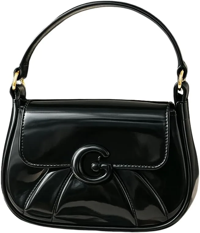 Black Glossy Pleated Handbag with G Logo – Chic and Versatile Purse