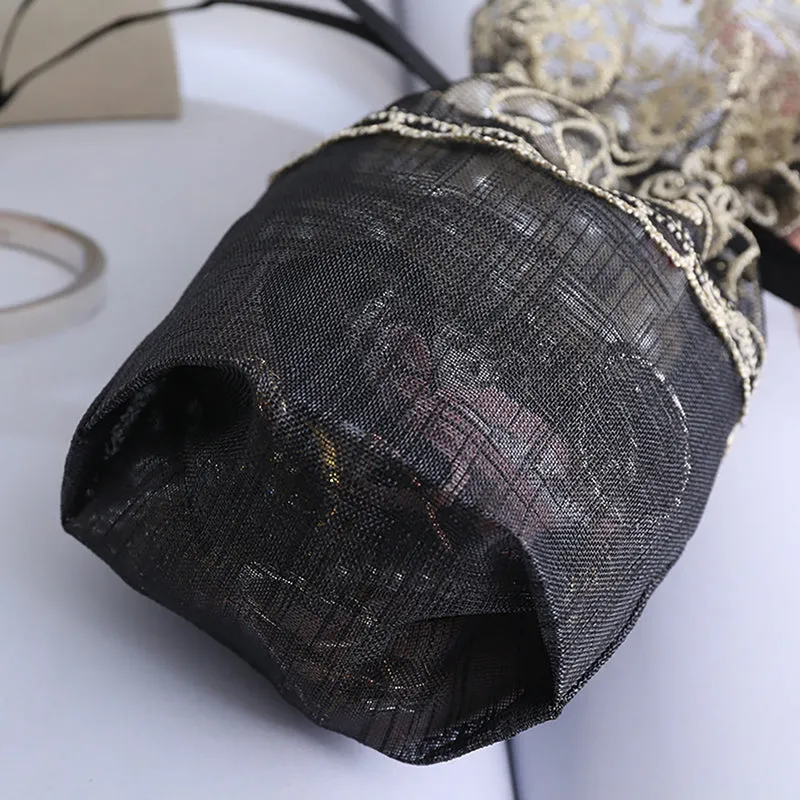 Black Organza Drawstring Bags Lace Embroidery 100x140mm