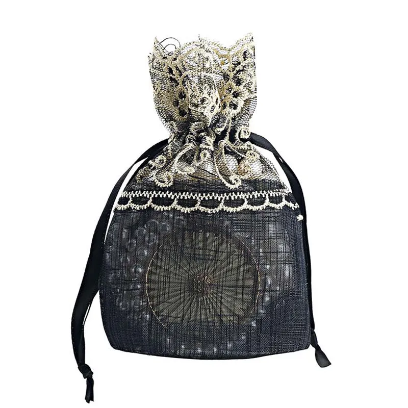 Black Organza Drawstring Bags Lace Embroidery 100x140mm