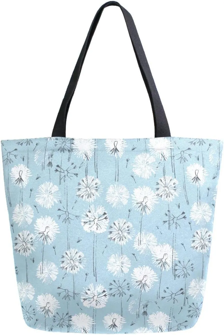 Blue and White Dandelion Floral Canvas Tote Bag for Women with Zipper Pocket Reusable Grocery Shopping Bags Large Travel Shoulder Bag Handbag Bags