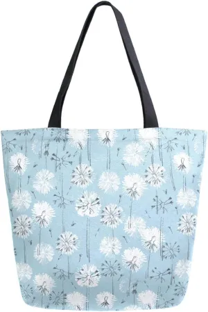 Blue and White Dandelion Floral Canvas Tote Bag for Women with Zipper Pocket Reusable Grocery Shopping Bags Large Travel Shoulder Bag Handbag Bags
