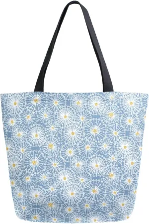 Blue and Yellow Dandelion Flower Canvas Tote Bag for Women with Zipper Pocket Reusable Grocery Shopping Bags Large Travel Shoulder Bag Handbag Bags