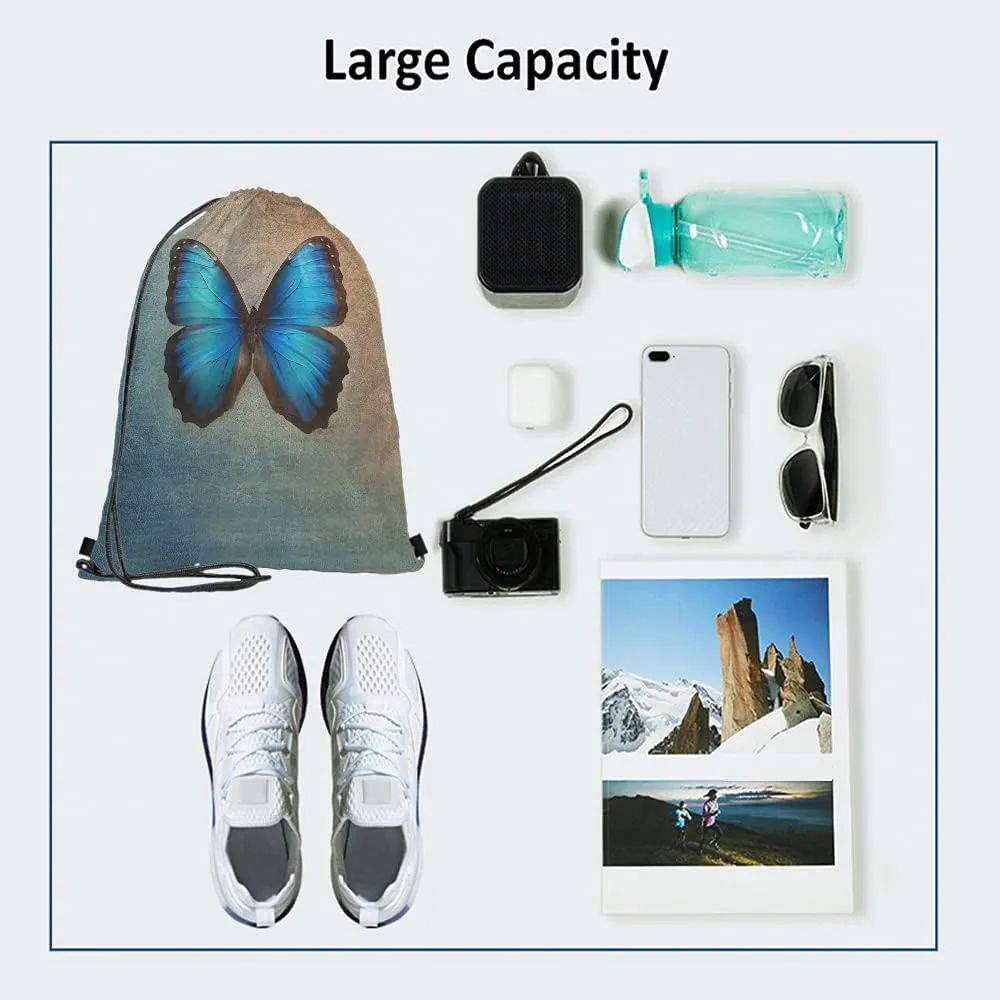 Blue Butterfly Drawstring Bags Backpack Bag Vintage Animal Bird Oil Painting Magical Fantasy Butterflies Sport Gym Sack Drawstring Bag String Bag Yoga Bag for Men Women
