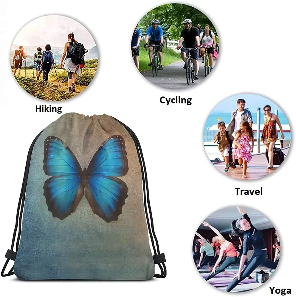 Blue Butterfly Drawstring Bags Backpack Bag Vintage Animal Bird Oil Painting Magical Fantasy Butterflies Sport Gym Sack Drawstring Bag String Bag Yoga Bag for Men Women
