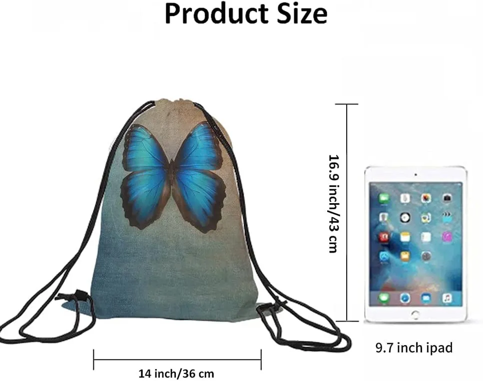 Blue Butterfly Drawstring Bags Backpack Bag Vintage Animal Bird Oil Painting Magical Fantasy Butterflies Sport Gym Sack Drawstring Bag String Bag Yoga Bag for Men Women