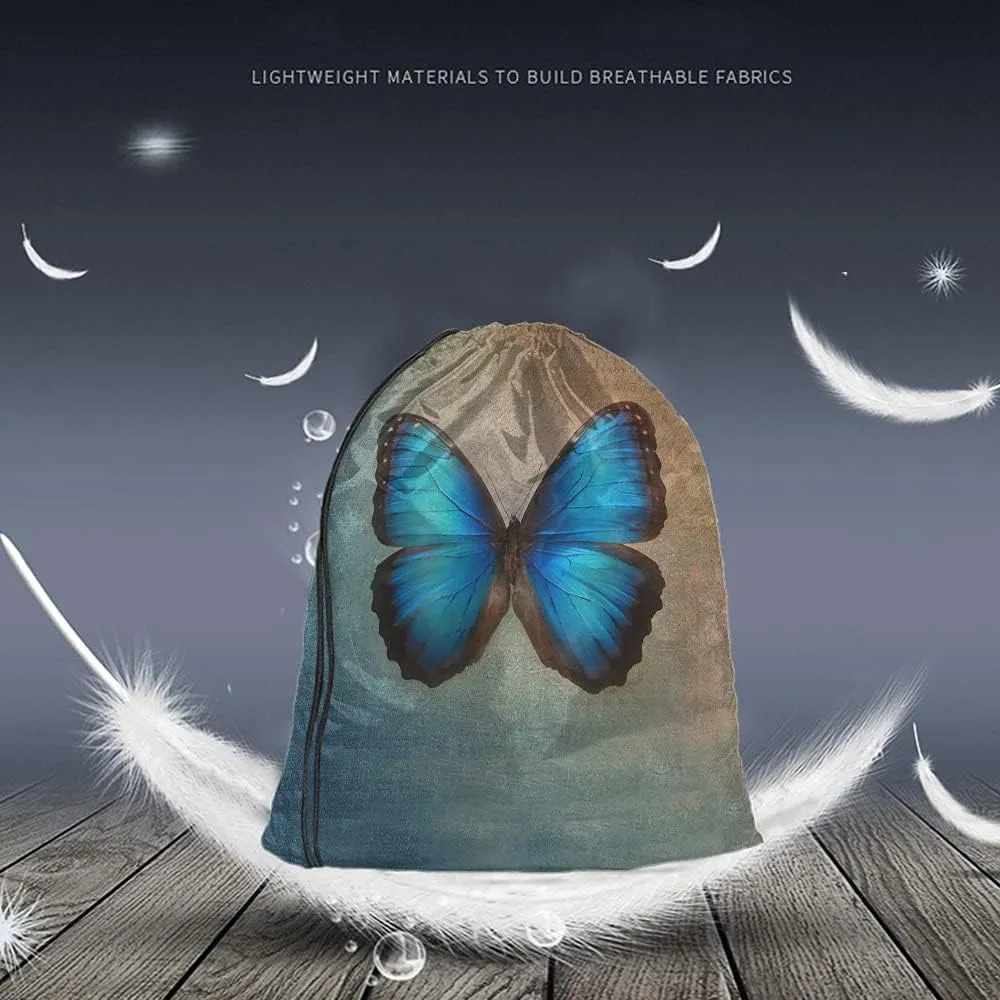 Blue Butterfly Drawstring Bags Backpack Bag Vintage Animal Bird Oil Painting Magical Fantasy Butterflies Sport Gym Sack Drawstring Bag String Bag Yoga Bag for Men Women