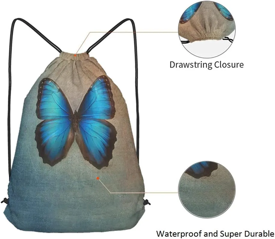 Blue Butterfly Drawstring Bags Backpack Bag Vintage Animal Bird Oil Painting Magical Fantasy Butterflies Sport Gym Sack Drawstring Bag String Bag Yoga Bag for Men Women