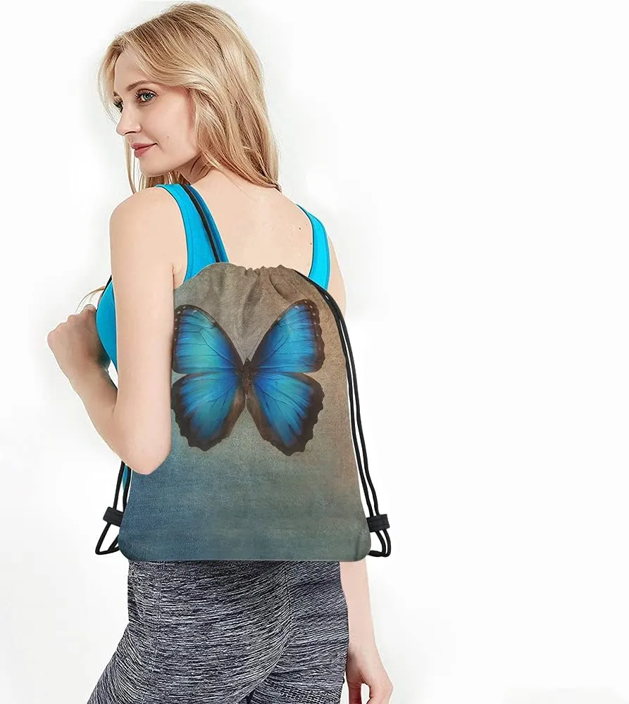 Blue Butterfly Drawstring Bags Backpack Bag Vintage Animal Bird Oil Painting Magical Fantasy Butterflies Sport Gym Sack Drawstring Bag String Bag Yoga Bag for Men Women