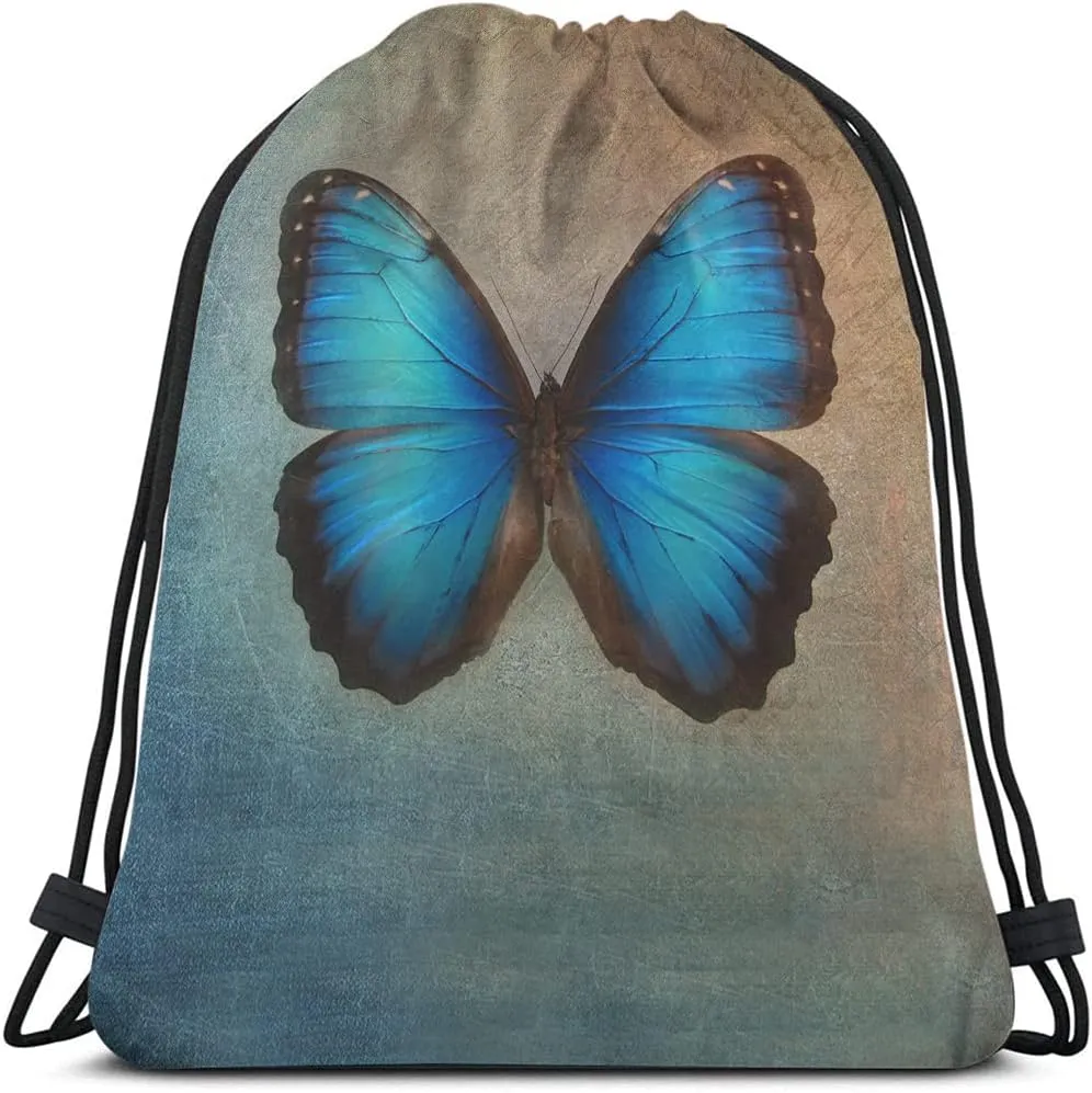 Blue Butterfly Drawstring Bags Backpack Bag Vintage Animal Bird Oil Painting Magical Fantasy Butterflies Sport Gym Sack Drawstring Bag String Bag Yoga Bag for Men Women