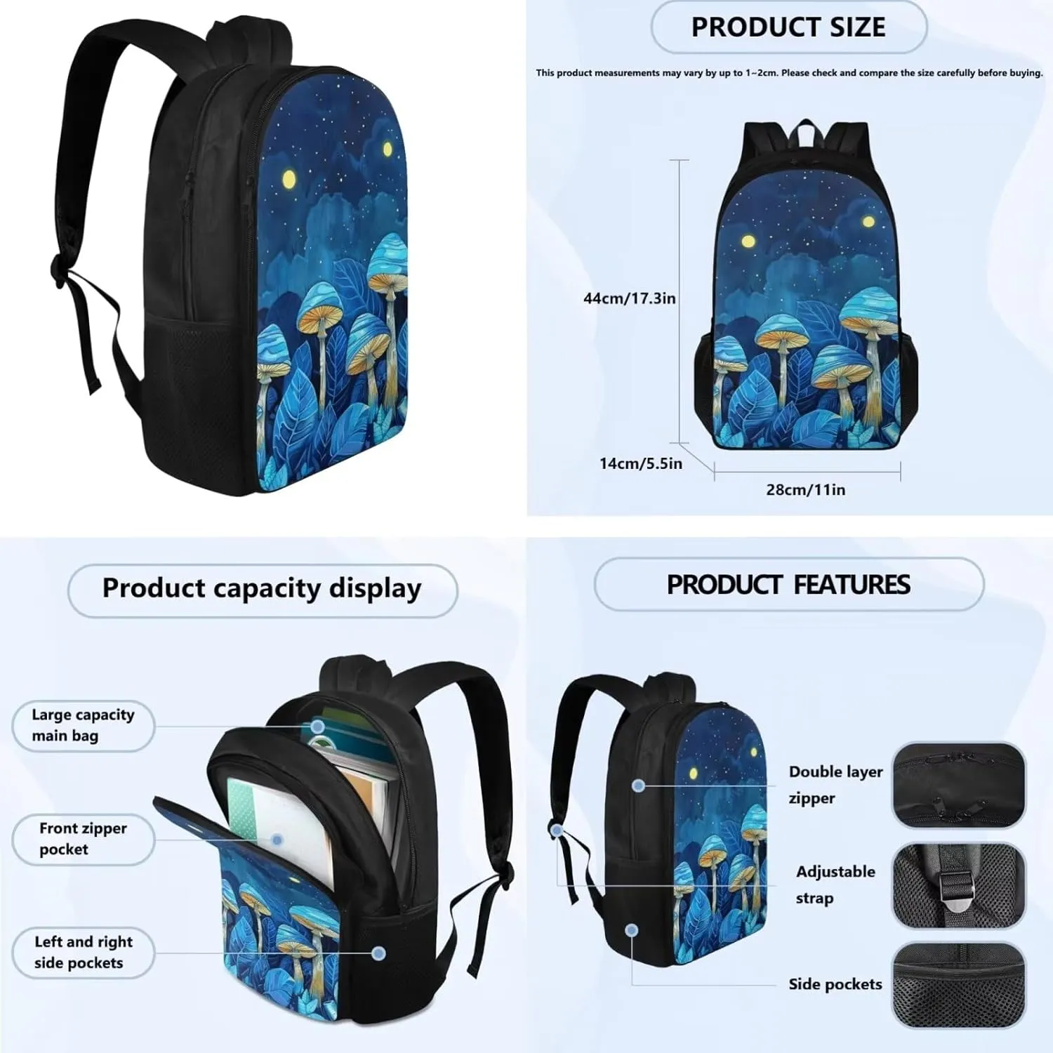Blue Mushroom Backpack for School Girls With Lunch Bag School Bags for Teen Boys Back to School Personalized Bookbag for Girls School Backpack,Travel/Picnic Backpack