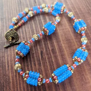 Blue Opal, Payapa and Gold Woven Bead Necklace