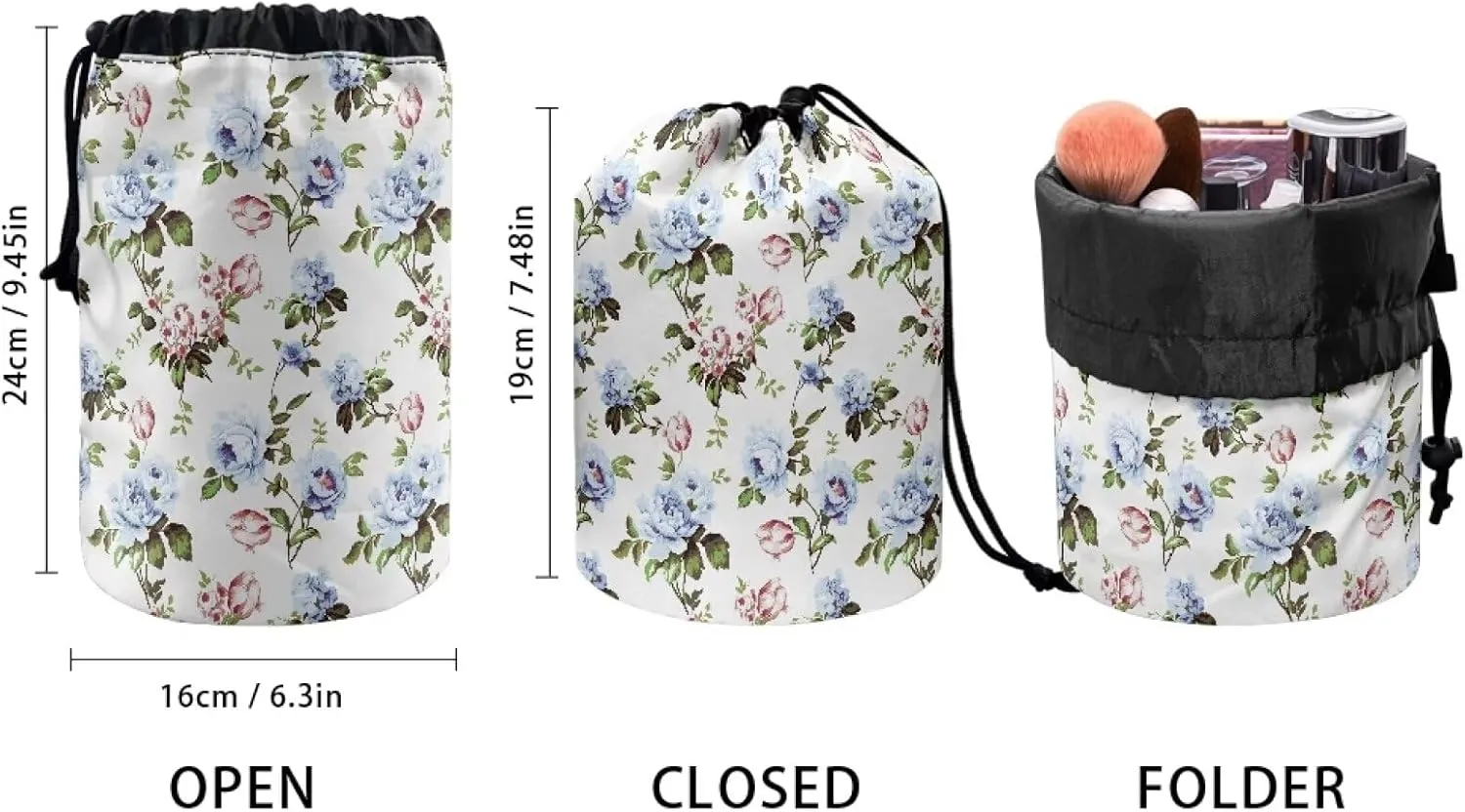 Blue Rose drawstring makeup bag opens flat collapsible makeup bag travel essentials for women portable lazy drawstring makeup bag travel cosmetic pouch toiletry travel toiletry bag