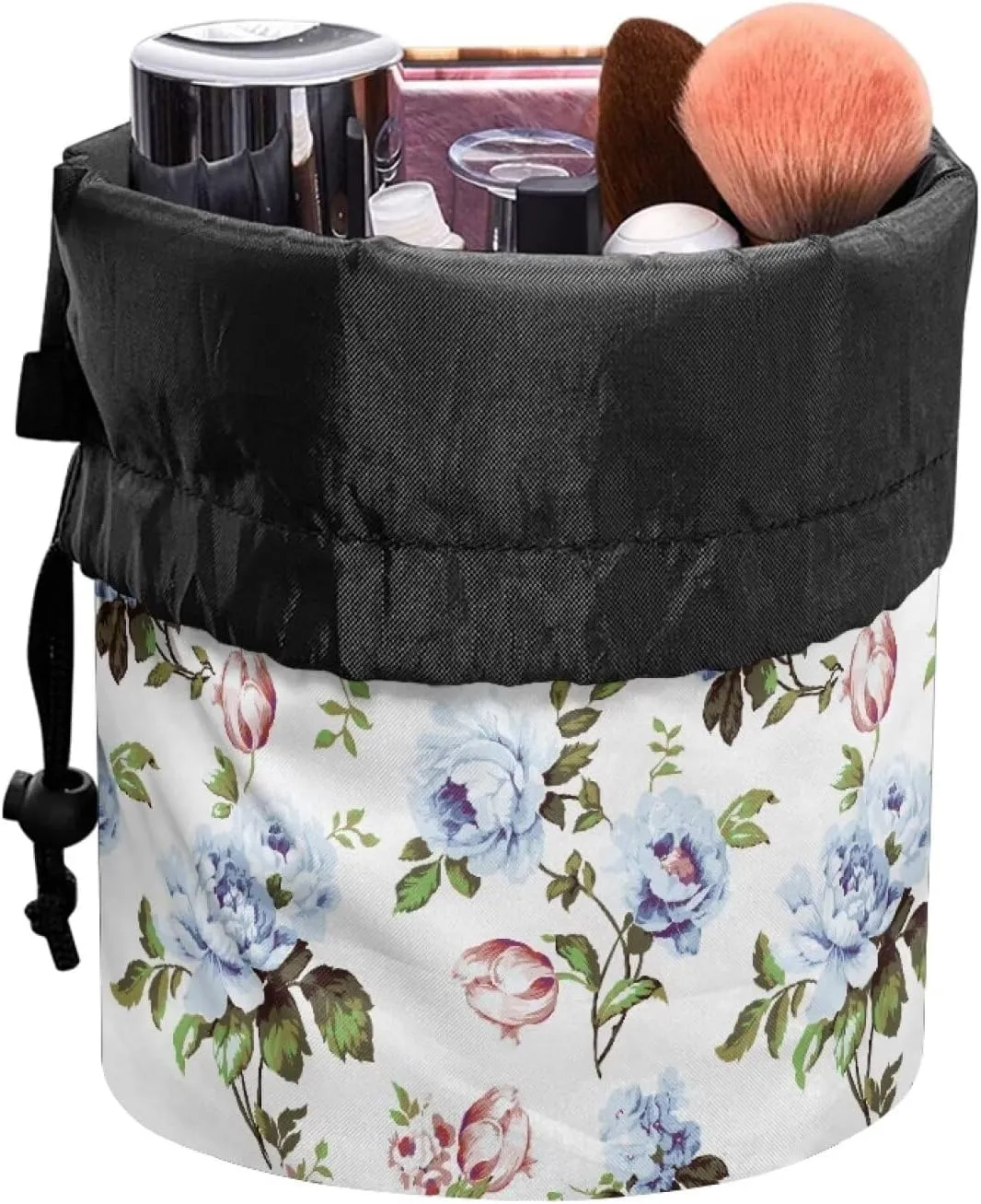 Blue Rose drawstring makeup bag opens flat collapsible makeup bag travel essentials for women portable lazy drawstring makeup bag travel cosmetic pouch toiletry travel toiletry bag