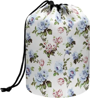 Blue Rose drawstring makeup bag opens flat collapsible makeup bag travel essentials for women portable lazy drawstring makeup bag travel cosmetic pouch toiletry travel toiletry bag