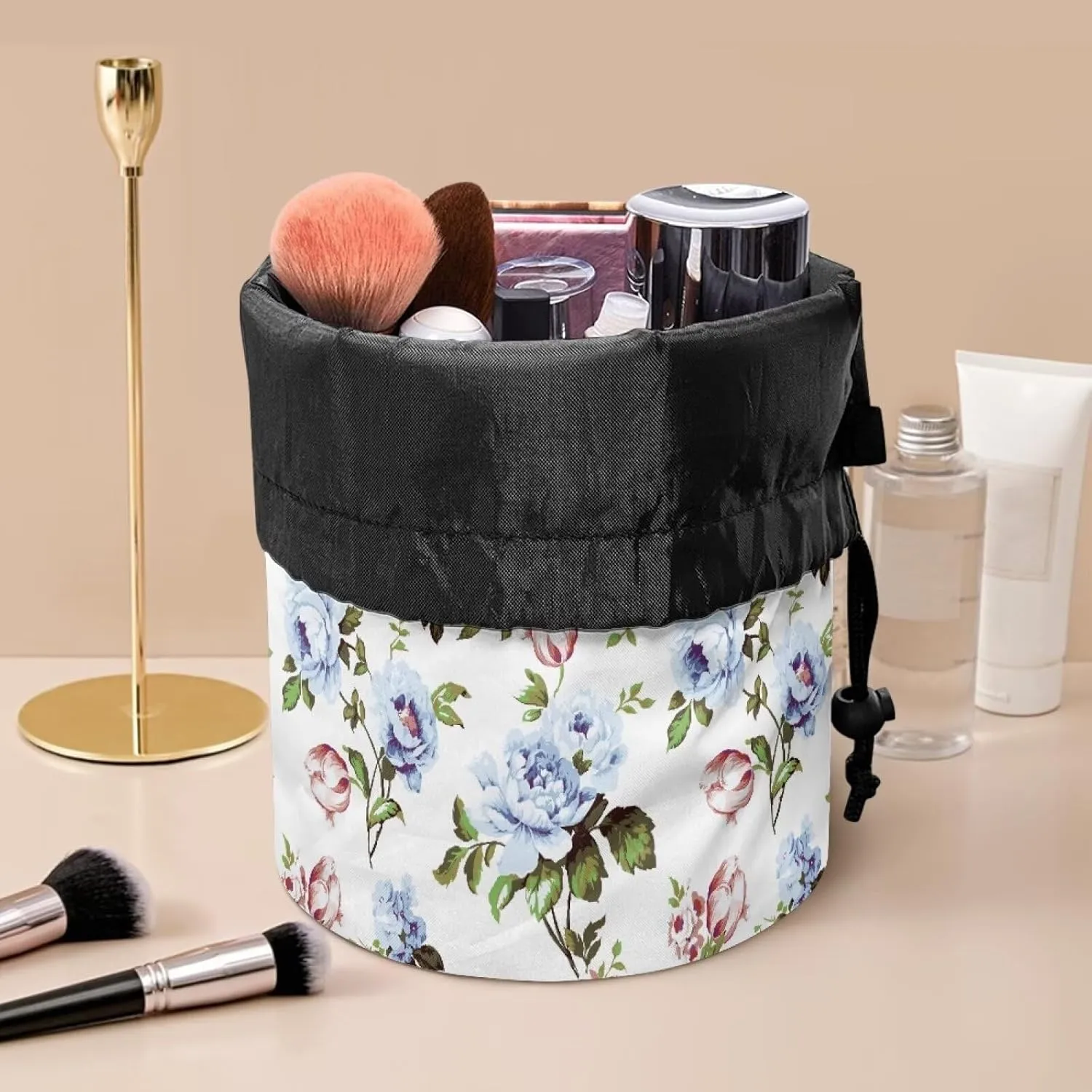 Blue Rose drawstring makeup bag opens flat collapsible makeup bag travel essentials for women portable lazy drawstring makeup bag travel cosmetic pouch toiletry travel toiletry bag