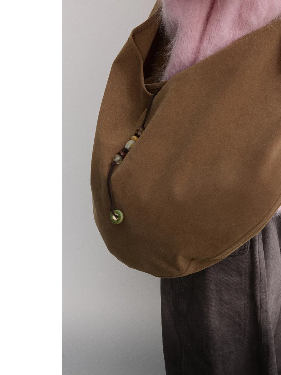 Brown Suede Beaded Tote Bag
