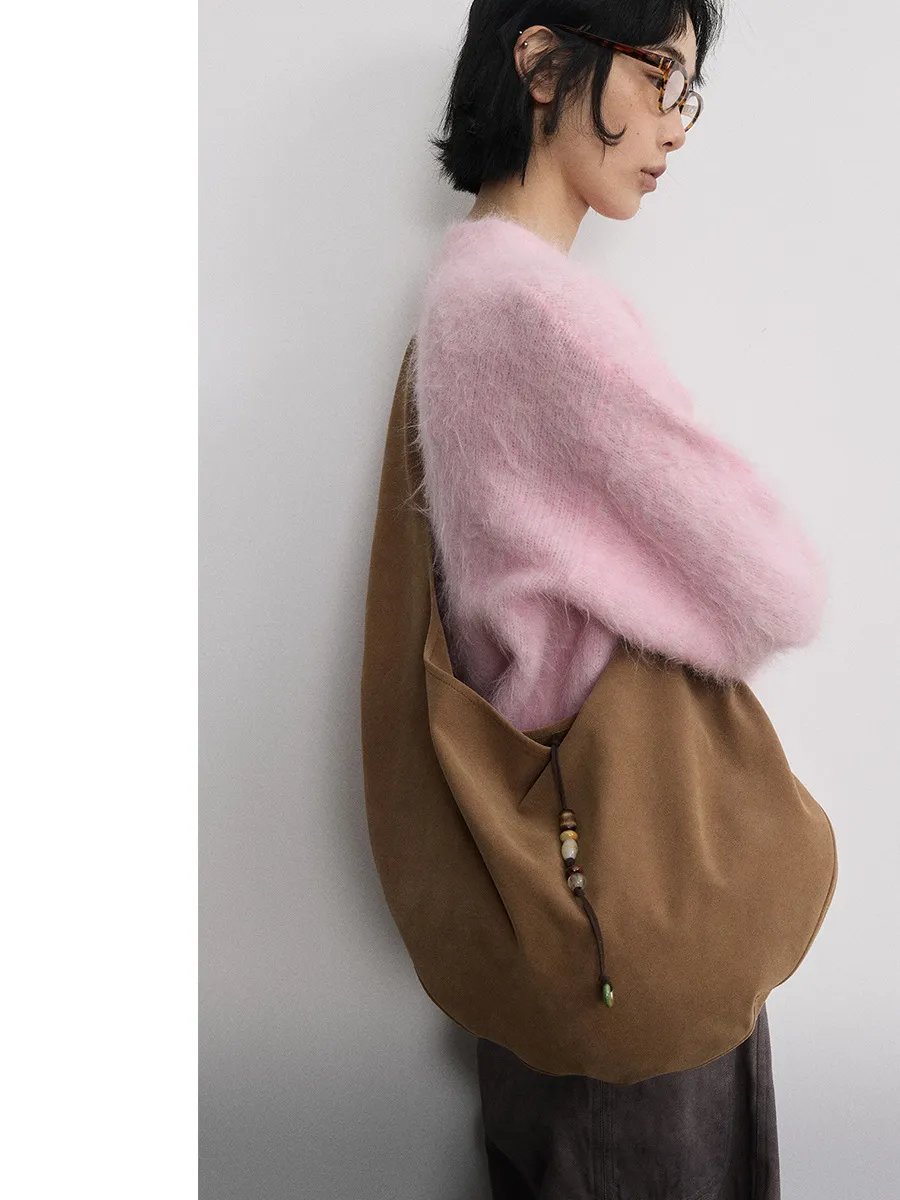 Brown Suede Beaded Tote Bag
