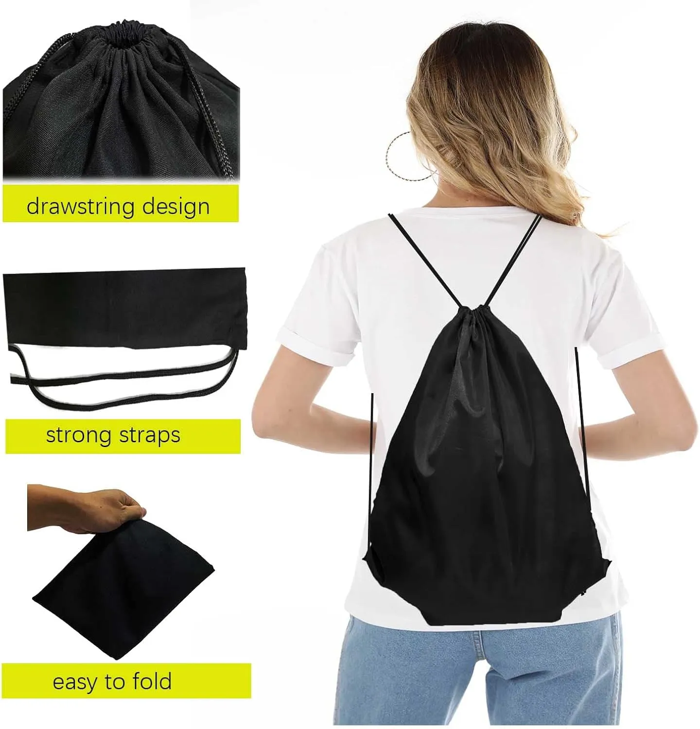CAIHONG 100 Pack Drawstring Backpack Black Bulk Drawstring Bags Nylon String Backpack Gym Cinch Sack Backpack Sport Bag Draw String Party Bags for Men or Women