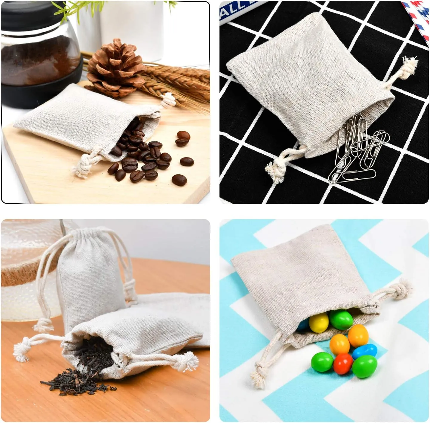 calary 100pcs Double Canvas Drawstring Bag Cotton Pouch Gift Sachet Bags Muslin Bag Reusable Tea Bag 2.75x4 Inch