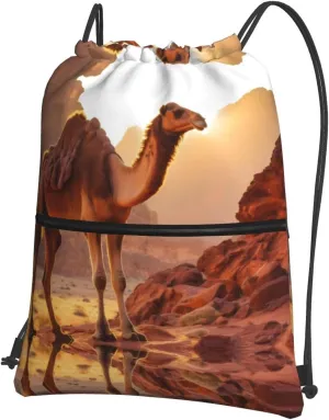 Camel In The Desert Prints Drawstring Zipper Backpack For Hiking Camping Yoga - Convenient Daily Carry