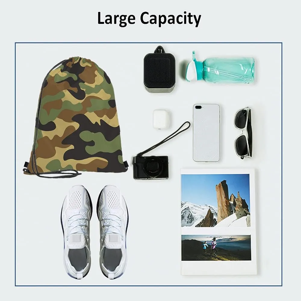 Camouflage Pattern Drawstring Bags Backpack Bag Green Brow Black Olive Military Classic Camo Woodland Army Sport Gym Sack Drawstring Bag String Bag Yoga Bag for Men Women