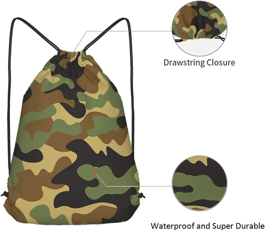 Camouflage Pattern Drawstring Bags Backpack Bag Green Brow Black Olive Military Classic Camo Woodland Army Sport Gym Sack Drawstring Bag String Bag Yoga Bag for Men Women