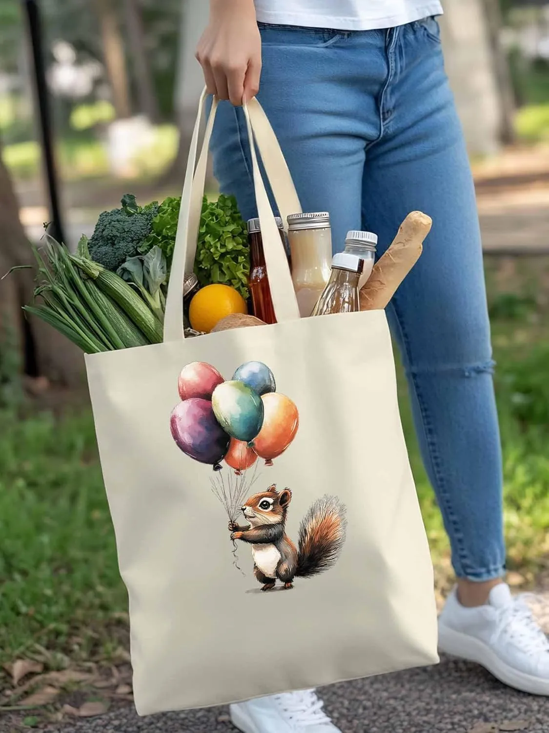 Canvas Tote Bag, Colorful Squirrel Balloon patterned Canvas Tote Handbags for Women Shoulder Bag,