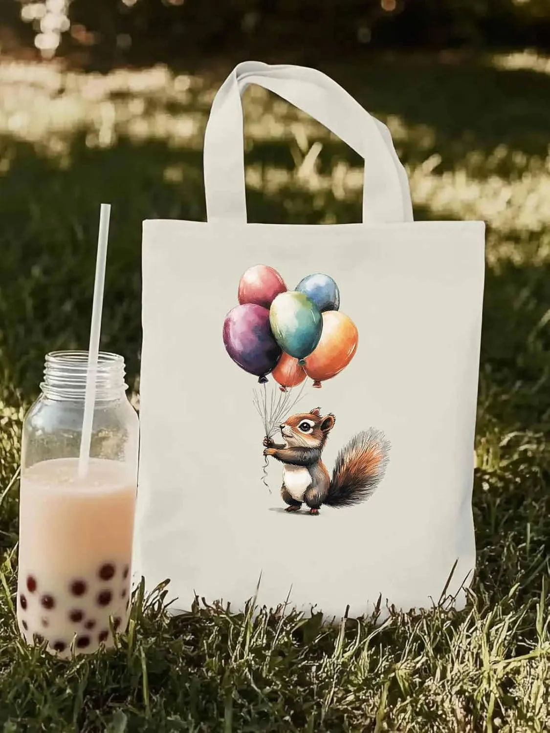 Canvas Tote Bag, Colorful Squirrel Balloon patterned Canvas Tote Handbags for Women Shoulder Bag,