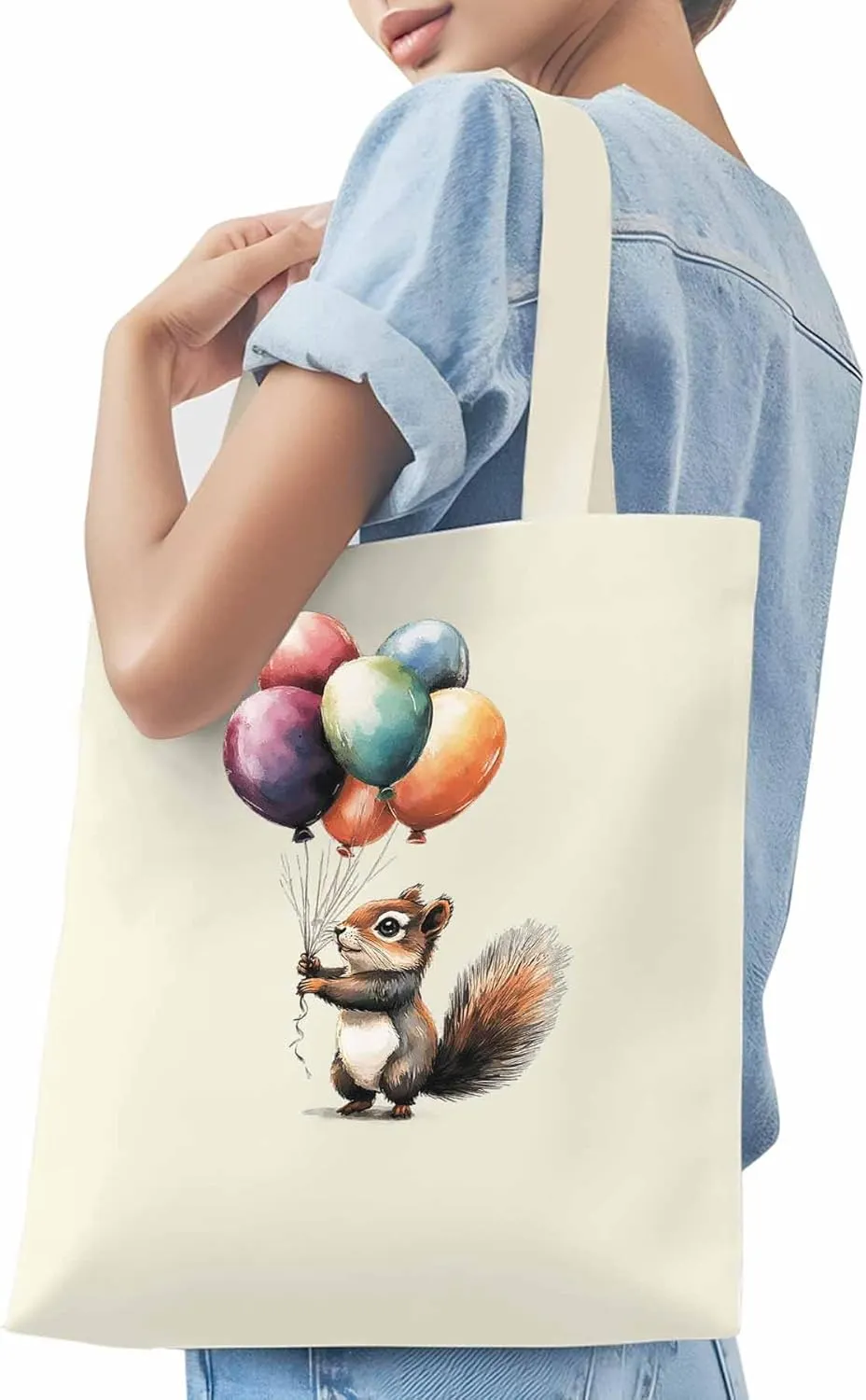 Canvas Tote Bag, Colorful Squirrel Balloon patterned Canvas Tote Handbags for Women Shoulder Bag,