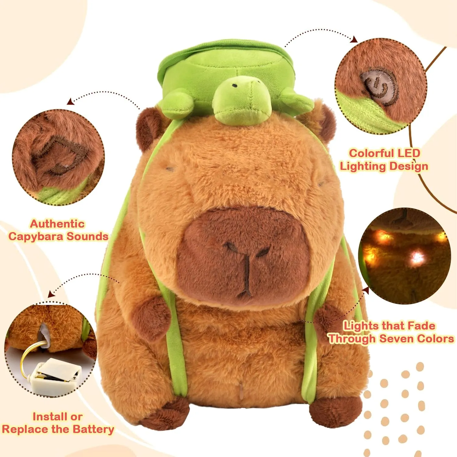 Capybara Plush Stuffed Animal Toy - 9" Light up & Plays Real Capybara Sounds Plushie with Wearable Turtle Backpack, Cute Birthday Gifts, Funny Capybara Pillow Stuffies for Baby Girls Boys Kids
